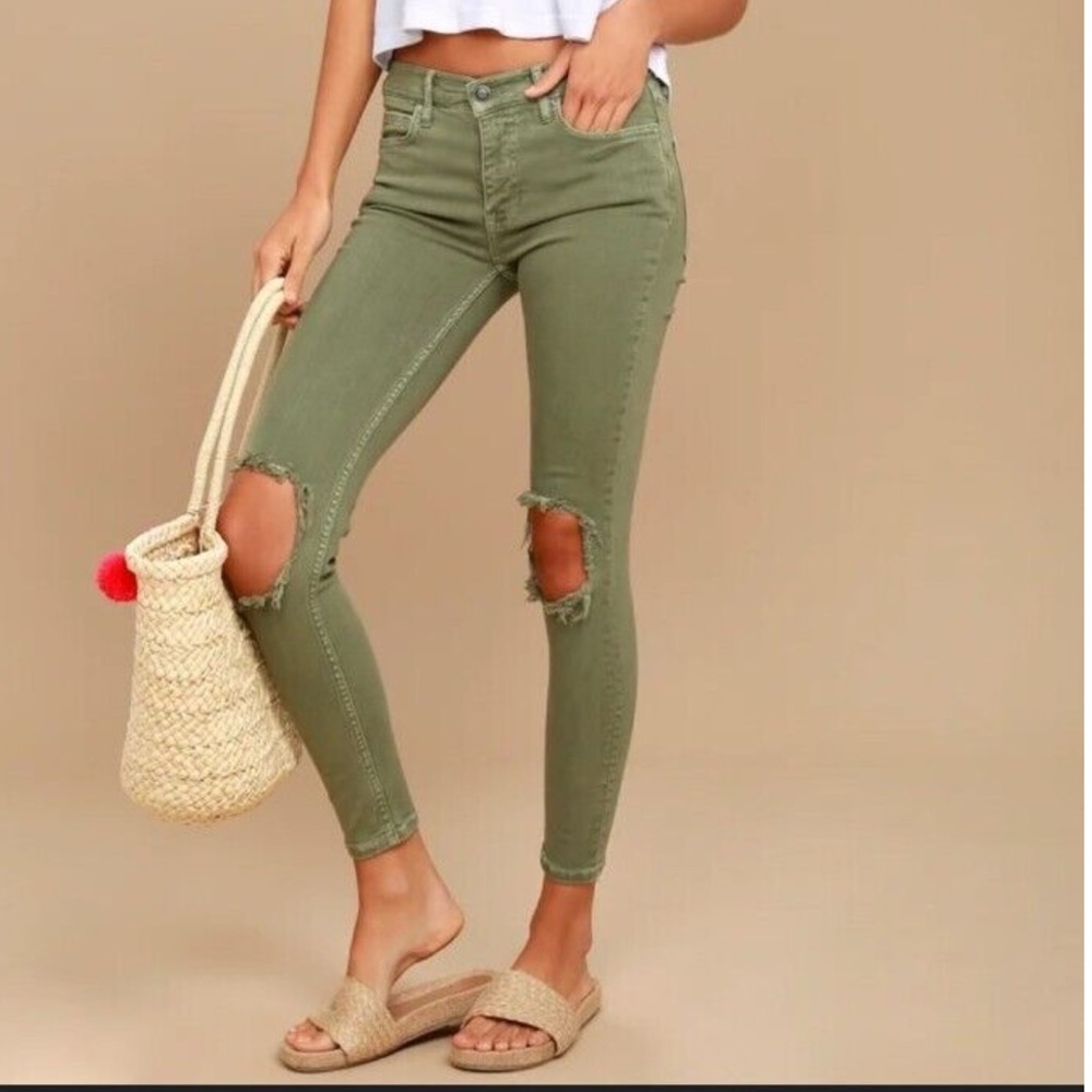 Free People Olive Green Busted Knee Skinny Jeans - Size 26